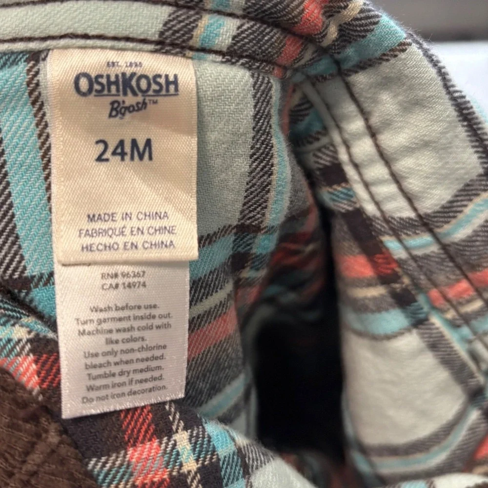 OshKosh B'gosh Toddler Boys Brown Corduroy Flannel Lined Overalls 24M Plaid